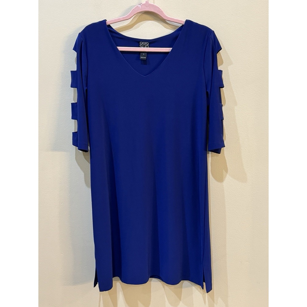 Clara Sun Woo Sheath Dress Royal Blue Jersey Stretch Open Sleeve Size Large Slit - Picture 2 of 10